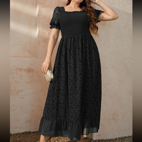 SHEIN Mulvari Plus Plant Print Shirred Square Neck Puff Sleeve Ruffle Hem Dress - Picture 3 of 3